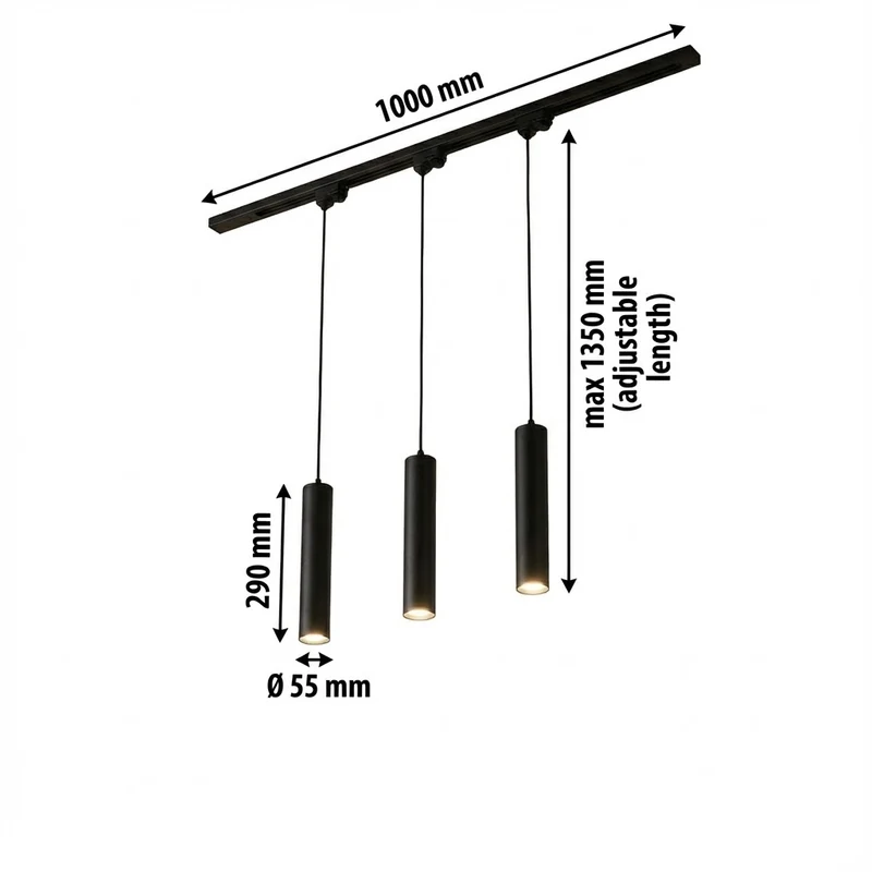 1-Phasen-Hängelampe rund | Set 3x Hängelampe 1x 1m Schienen | Schwarz | GU10-Fassung