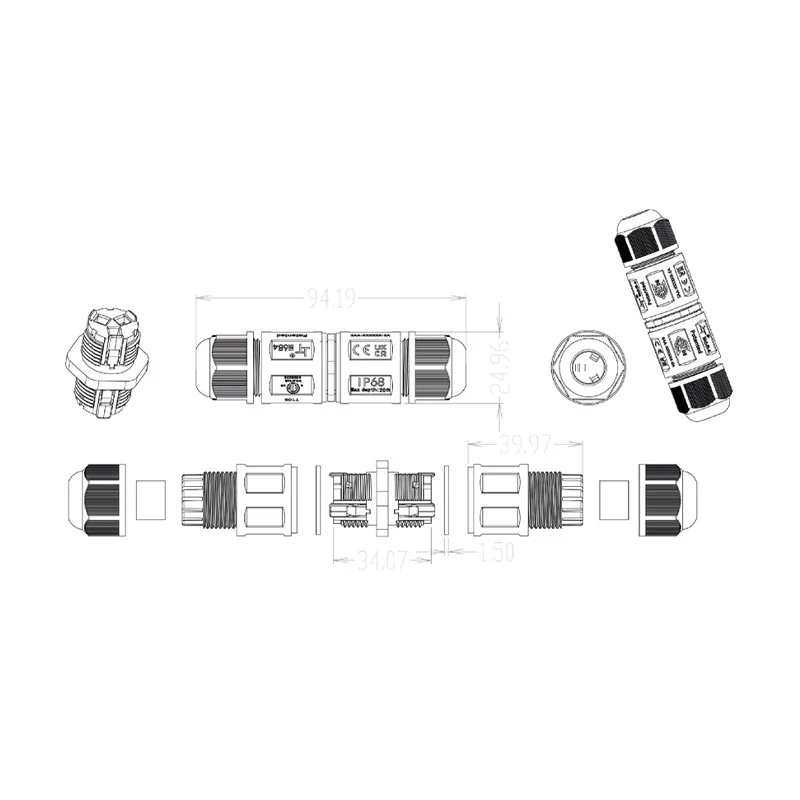 3-poliger, wasserdichter I-Shape-Schnellverbinder | Für 4–11 mm Kabel