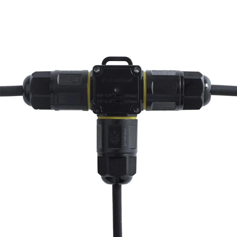 3-poliger, wasserdichter Schnellverbinder in T-Form | Für 4–11 mm Kabel