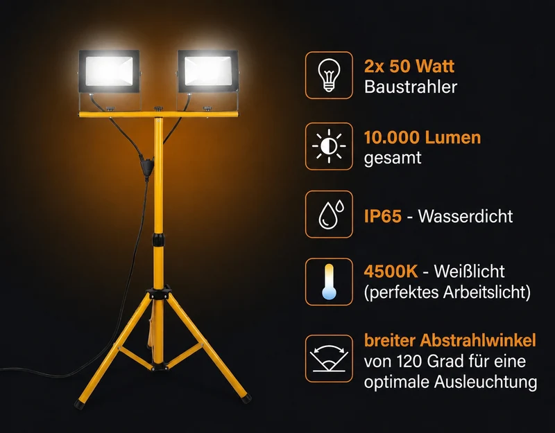 Doppelte LED-Baulampe auf Stativ | IP65 | 2x30W | 5500K – Tageslichtweiß