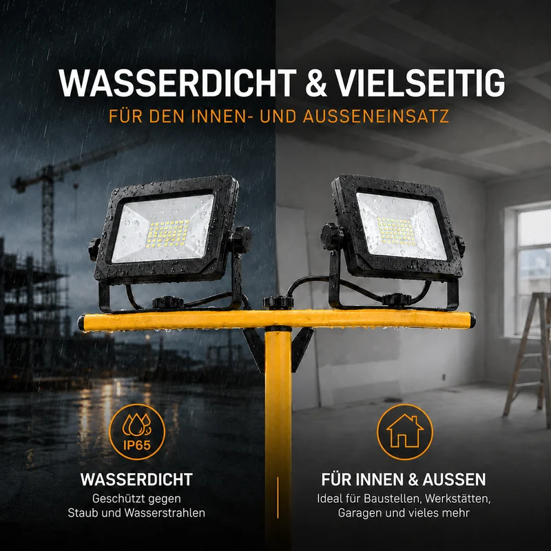 Doppelte LED-Baulampe auf Stativ | IP65 | 2x30W | 5500K – Tageslichtweiß