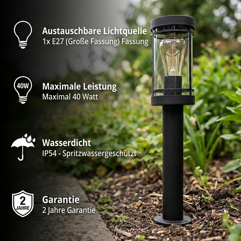LED-Gartenpfosten - Sockel - Stehende Außenleuchte | 50cm | Schwarz | IP44 – HOEDY