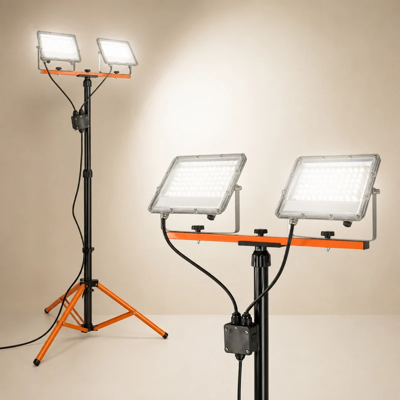 Baulampe auf Stativ | 2x 50 Watt | Schwarz / Orange | 10.000 Lumen