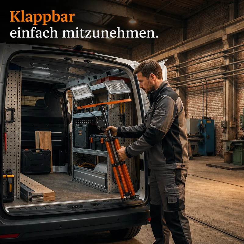 Baulampe auf Stativ | 2x 50 Watt | Schwarz / Orange | 10.000 Lumen