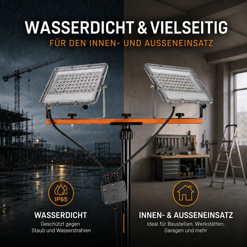 Baulampe auf Stativ | 2x 50 Watt | Schwarz / Orange | 10.000 Lumen