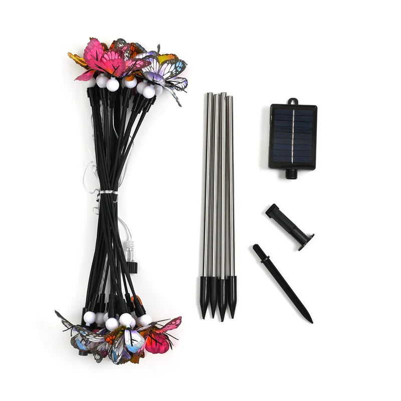 4er-Set Solar-Gartenlichter in Feuerwerksform mit 8 Leuchtmodi und Lichtsensor, mit Erdspieß, 80 cm, Schwarz