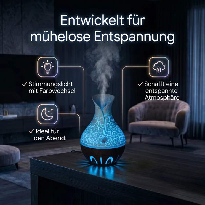 LIVMORE Luftbefeuchter und Aromadiffusor mit 7 ätherischen Ölen, LED Farbwechsel, 200 ml, Braun