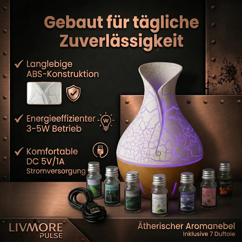 LIVMORE Luftbefeuchter und Aromadiffusor mit 7 ätherischen Ölen, LED Farbwechsel, 200 ml, Braun