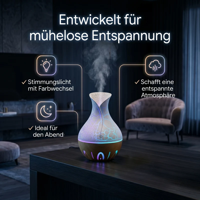 LIVMORE Luftbefeuchter und Aromadiffusor mit 7 ätherischen Ölen, LED Farbwechsel, 200 ml, Braun