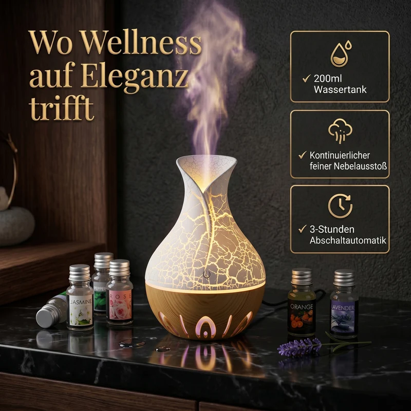LIVMORE Luftbefeuchter und Aromadiffusor mit 7 ätherischen Ölen, LED Farbwechsel, 200 ml, Braun
