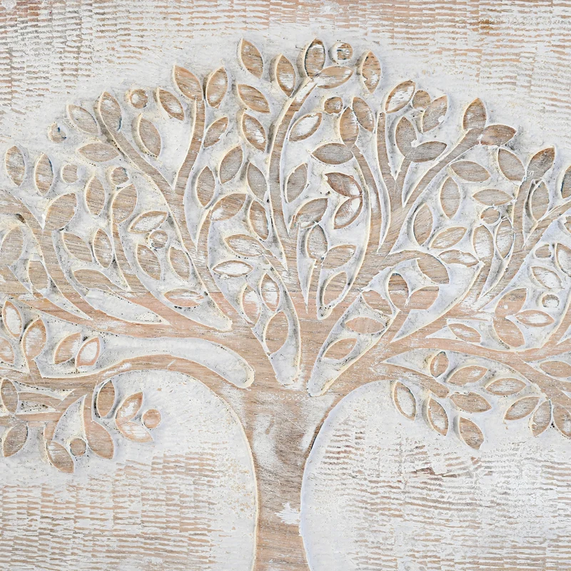 NAKKASHI handgeschnitzte Tischleuchte mit Lebensbaum-Motiv, Holzsockel, Stoffschirm, 28x10x29cm, natürliche Holzoptik