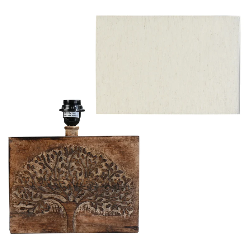 NAKKASHI handgeschnitzte Tischleuchte mit Lebensbaum-Motiv, Holzsockel, Stoffschirm, 28x10x29cm, natürliche Holzoptik