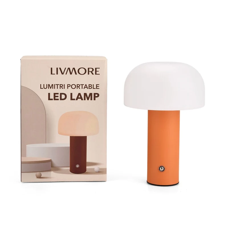 LIVMORE - LED-Tischlampe, wiederaufladbar, Pilzform, 3 Lichtfarben, 12,5x20,5 cm, Sonnengelb