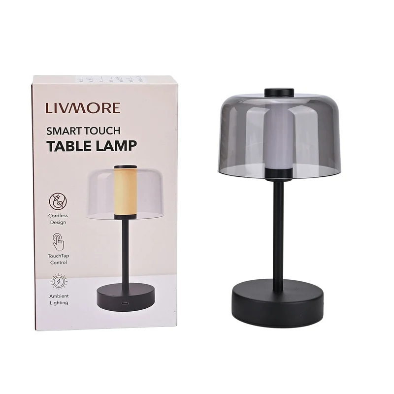 LIVEMORE Transparente Pilz-Tischlampe, kabellos, wiederaufladbar, 3 Lichtfarben, Smart Touch, Weiß