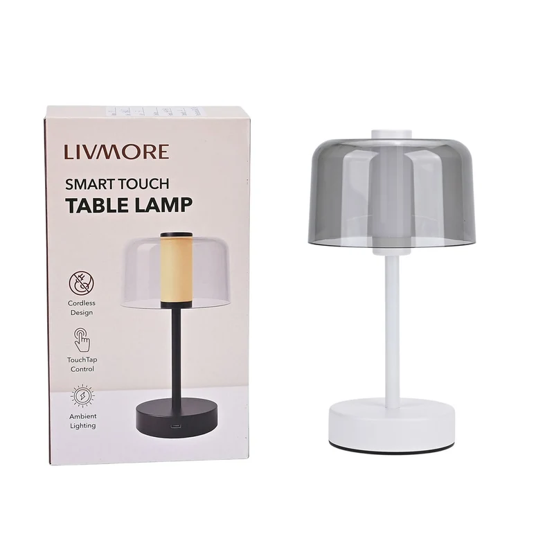 LIVEMORE Transparente Pilz-Tischlampe, kabellos, wiederaufladbar, 3 Lichtfarben, Smart Touch, Weiß
