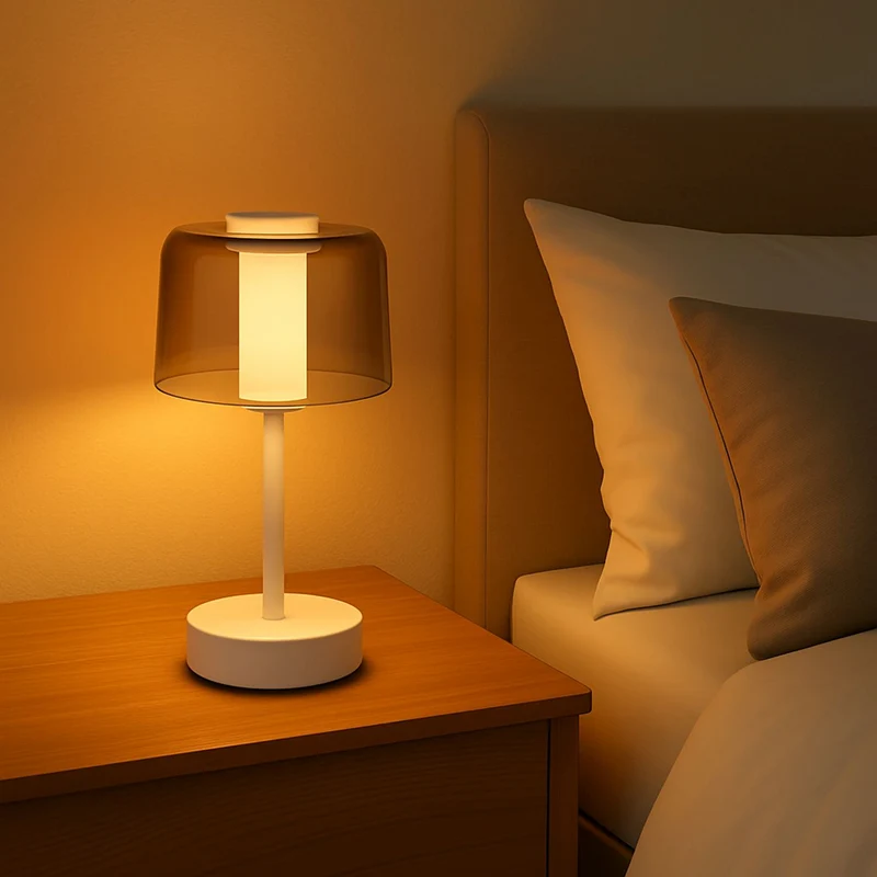 LIVEMORE Transparente Pilz-Tischlampe, kabellos, wiederaufladbar, 3 Lichtfarben, Smart Touch, Weiß