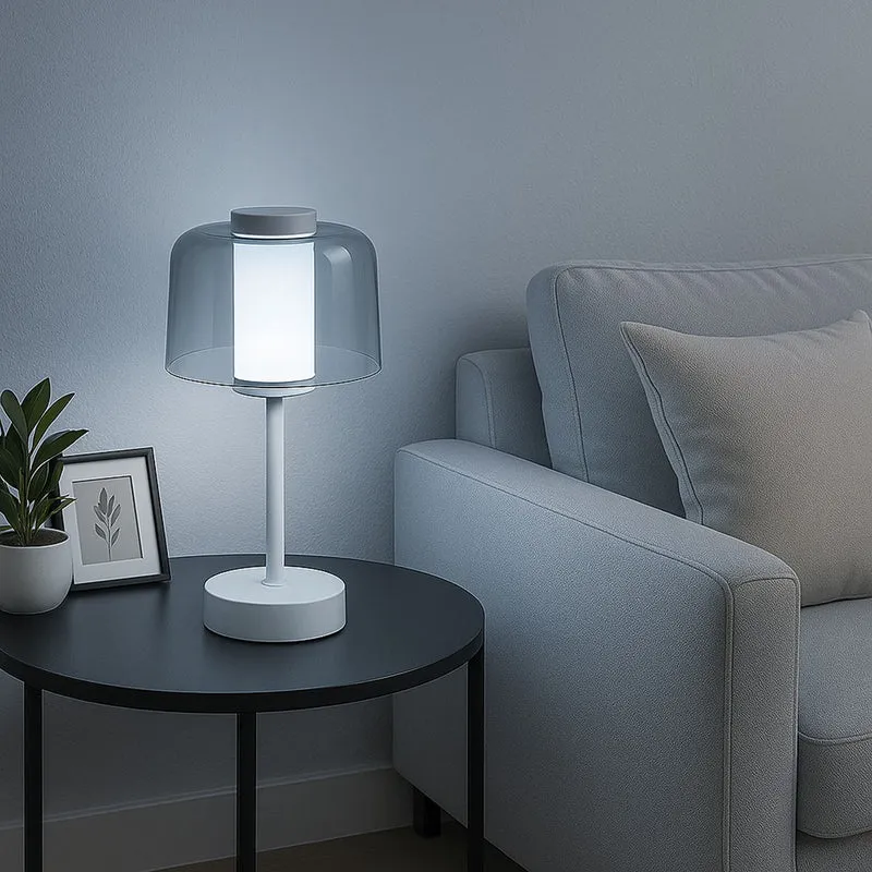LIVEMORE Transparente Pilz-Tischlampe, kabellos, wiederaufladbar, 3 Lichtfarben, Smart Touch, Weiß