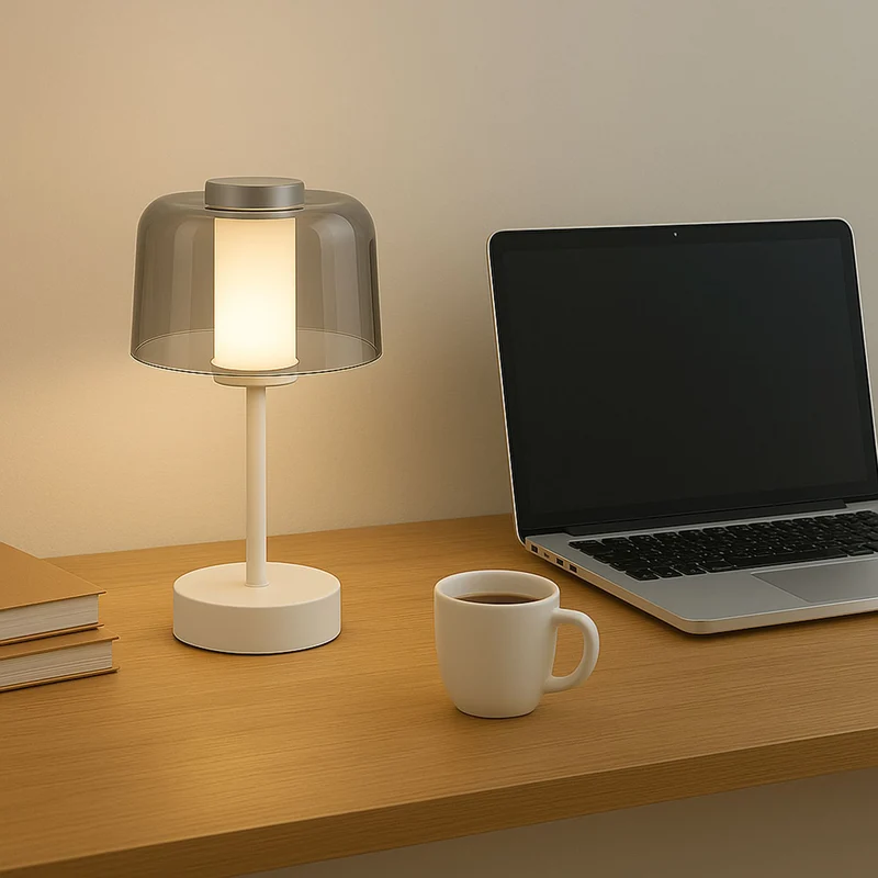 LIVEMORE Transparente Pilz-Tischlampe, kabellos, wiederaufladbar, 3 Lichtfarben, Smart Touch, Weiß