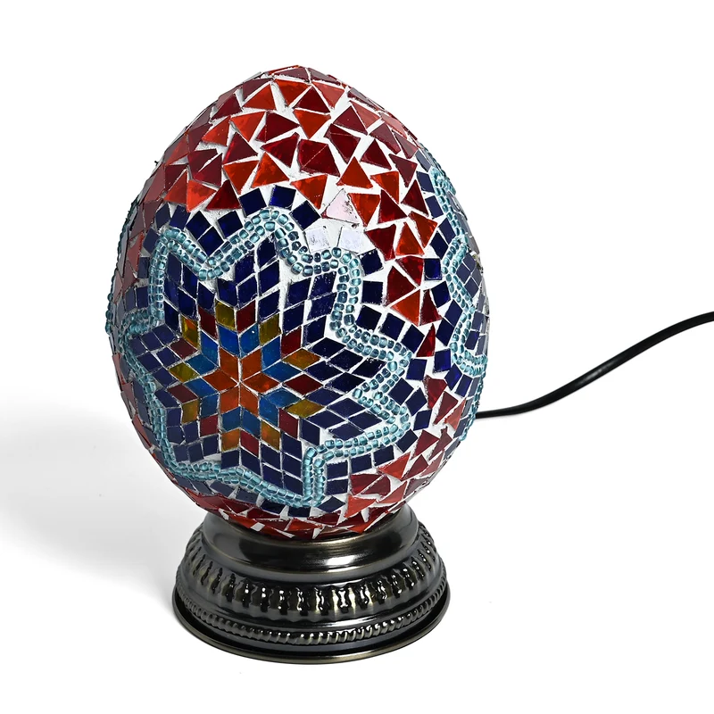 Mosaik Tischleuchte aus Glas und Eisen, Kugeldesign, 15 x 23 cm, Blau-Orange