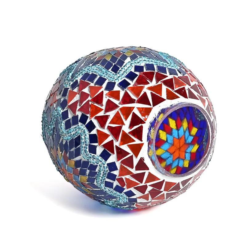 Mosaik Tischleuchte aus Glas und Eisen, Kugeldesign, 15 x 23 cm, Blau-Orange