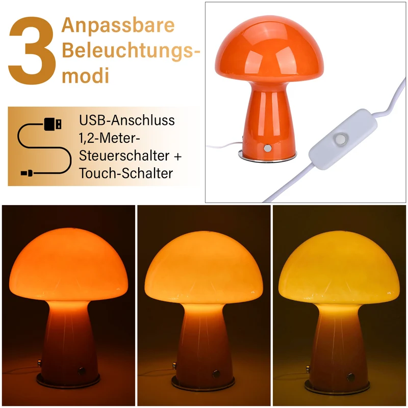 Minimalistische Glas-Pilzlampen mit Touch-Steuerung, 22x28cm, Orange