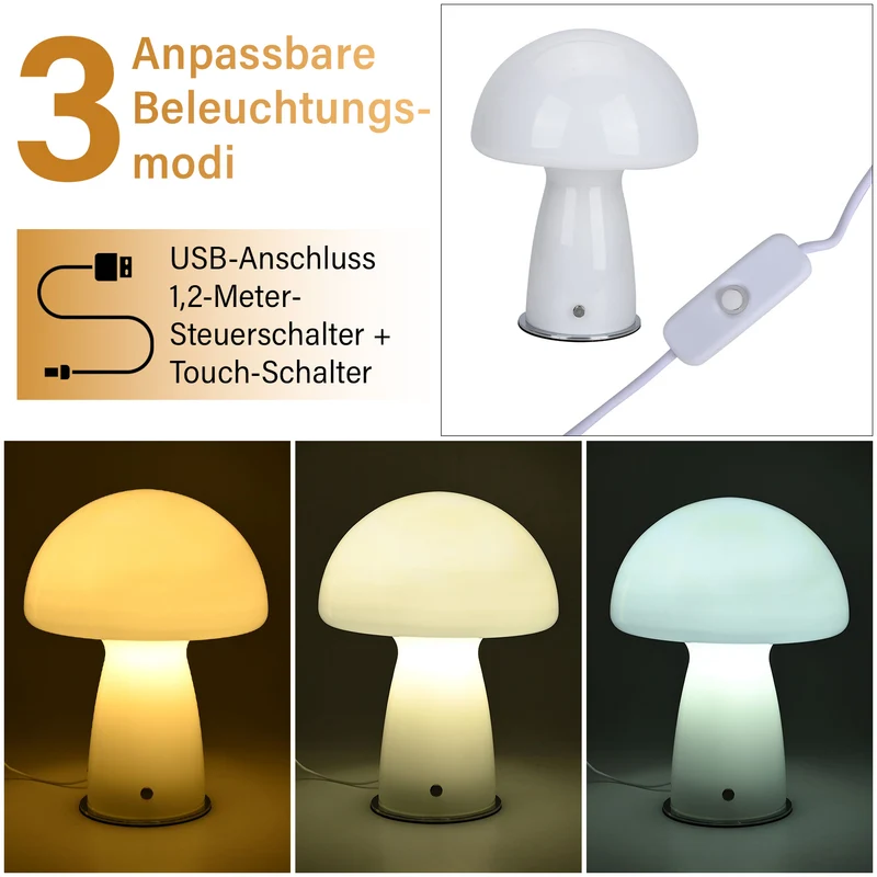 Minimalistische Glas-Pilzlampen mit Touch-Steuerung, 22x28cm, Orange