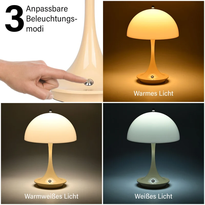 Designerlampe: Kabellos dimmbare Pilz-Tischlampe mit 3 Lichteinstellungen, weiß