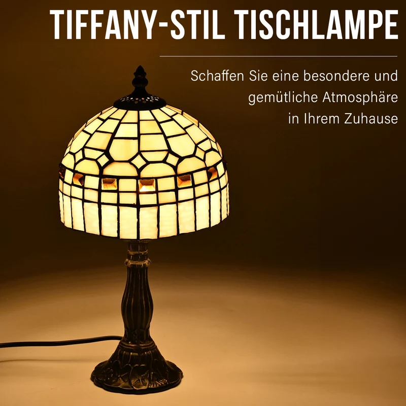 Handgefertigte Tiffany Tischlampe mit filigranem, mehrfarbigem Glockenform-Glas-Schirm - Klassisches Antik-Design mit stabilem Zinklegierungsfuß in Kaffeeoptik, 20x20x37 cm (Glühbirne nicht enthalten)