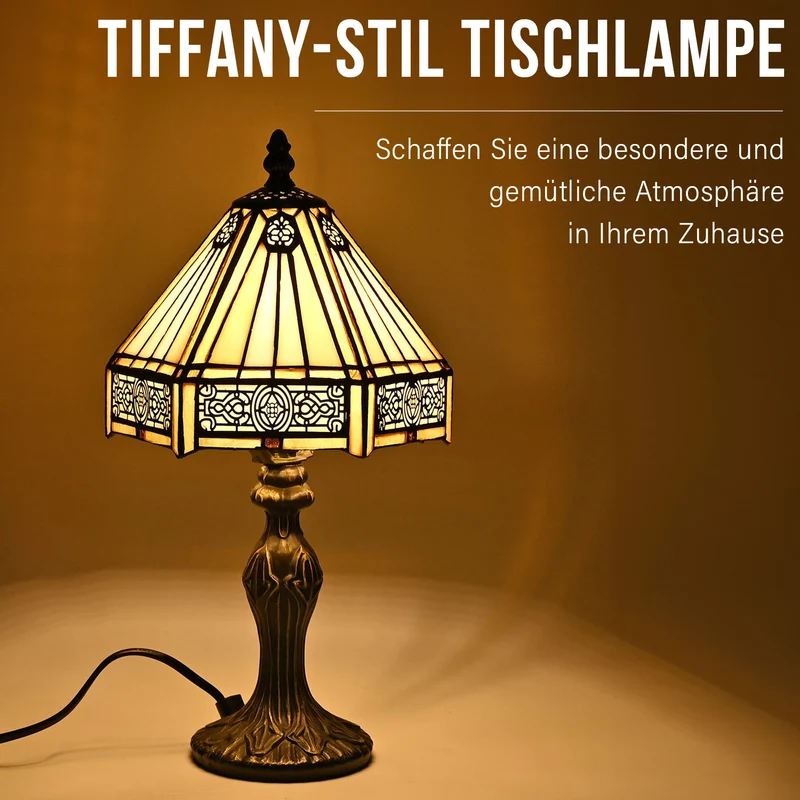 Handgefertigte Tiffany Tischlampe mit filigranem, mehrfarbigem Glockenform-Glas-Schirm - Klassisches Antik-Design mit stabilem Zinklegierungsfuß in Kaffeeoptik, 20x20x37 cm (Glühbirne nicht enthalten)