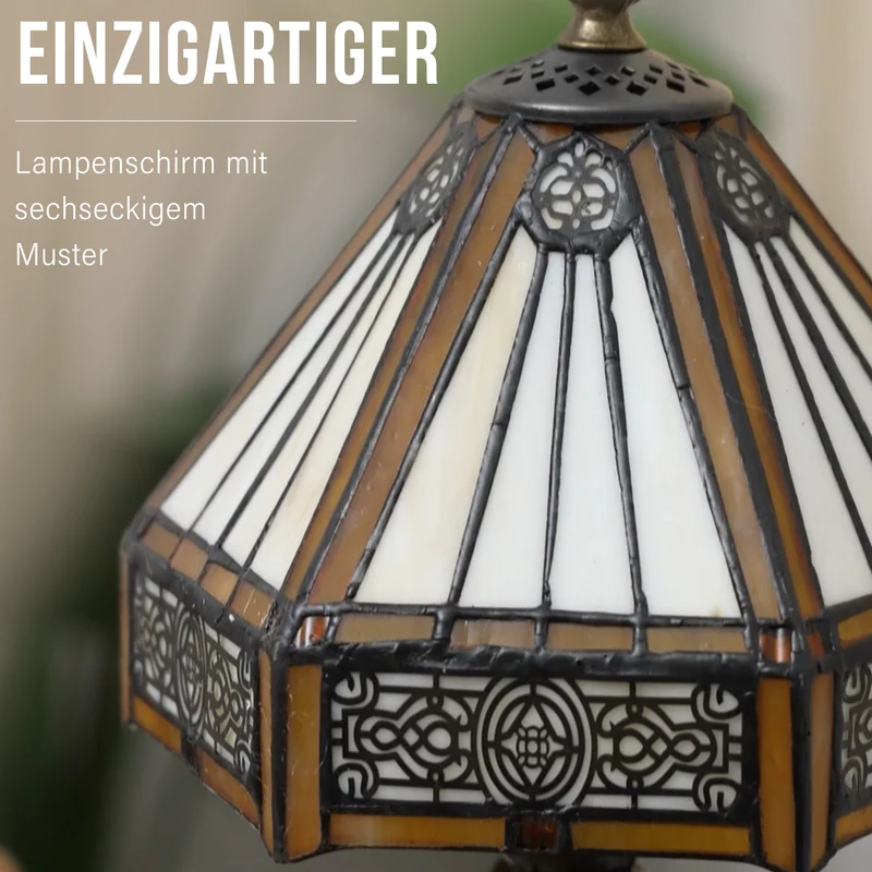 Handgefertigte Tiffany Tischlampe mit filigranem, mehrfarbigem Glockenform-Glas-Schirm - Klassisches Antik-Design mit stabilem Zinklegierungsfuß in Kaffeeoptik, 20x20x37 cm (Glühbirne nicht enthalten)