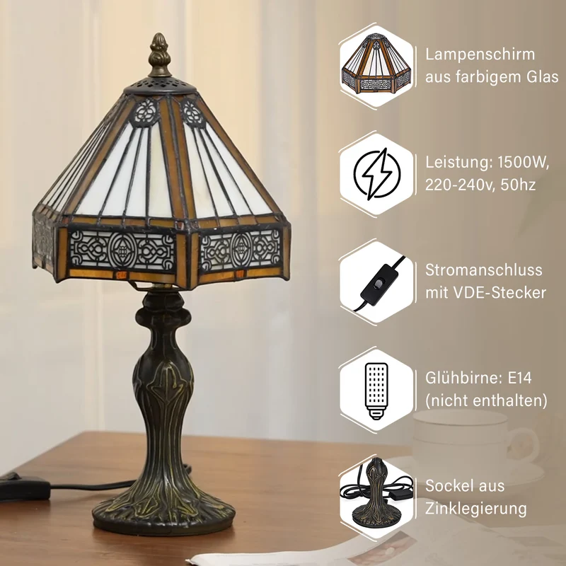 Handgefertigte Tiffany Tischlampe mit filigranem, mehrfarbigem Glockenform-Glas-Schirm - Klassisches Antik-Design mit stabilem Zinklegierungsfuß in Kaffeeoptik, 20x20x37 cm (Glühbirne nicht enthalten)