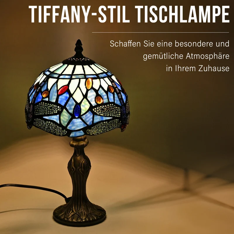 Handgefertigte Tiffany Tischlampe mit filigranem, mehrfarbigem Glockenform-Glas-Schirm - Klassisches Antik-Design mit stabilem Zinklegierungsfuß in Kaffeeoptik, 20x20x37 cm (Glühbirne nicht enthalten)