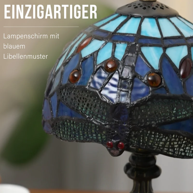 Handgefertigte Tiffany Tischlampe mit filigranem, mehrfarbigem Glockenform-Glas-Schirm - Klassisches Antik-Design mit stabilem Zinklegierungsfuß in Kaffeeoptik, 20x20x37 cm (Glühbirne nicht enthalten)