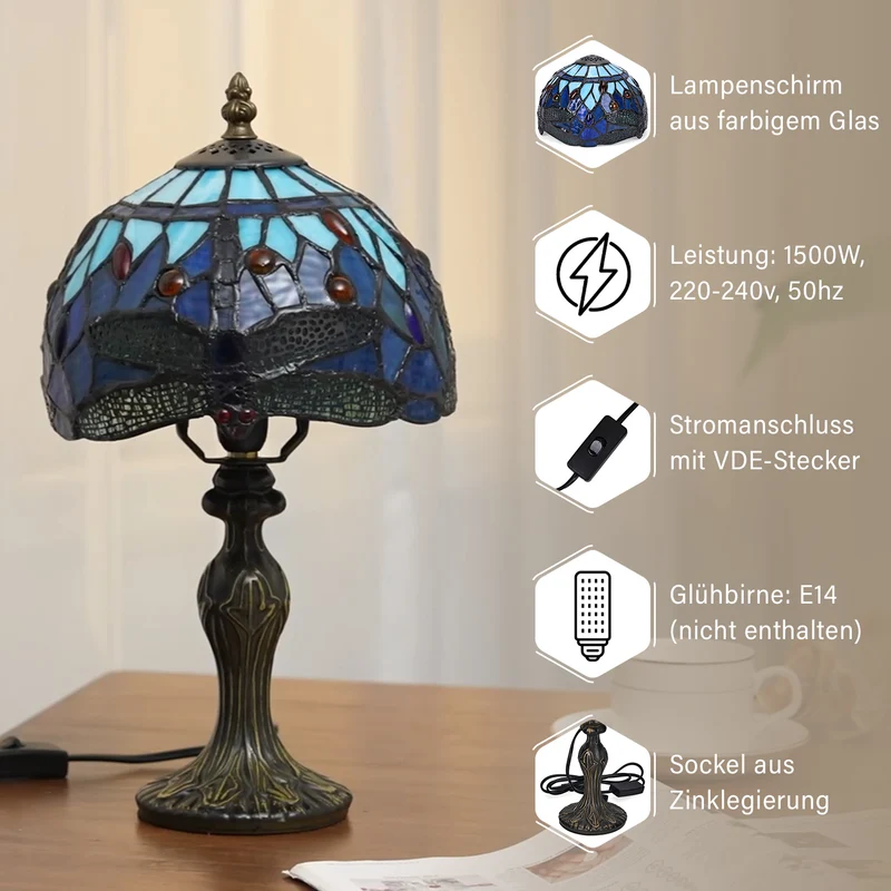 Handgefertigte Tiffany Tischlampe mit filigranem, mehrfarbigem Glockenform-Glas-Schirm - Klassisches Antik-Design mit stabilem Zinklegierungsfuß in Kaffeeoptik, 20x20x37 cm (Glühbirne nicht enthalten)