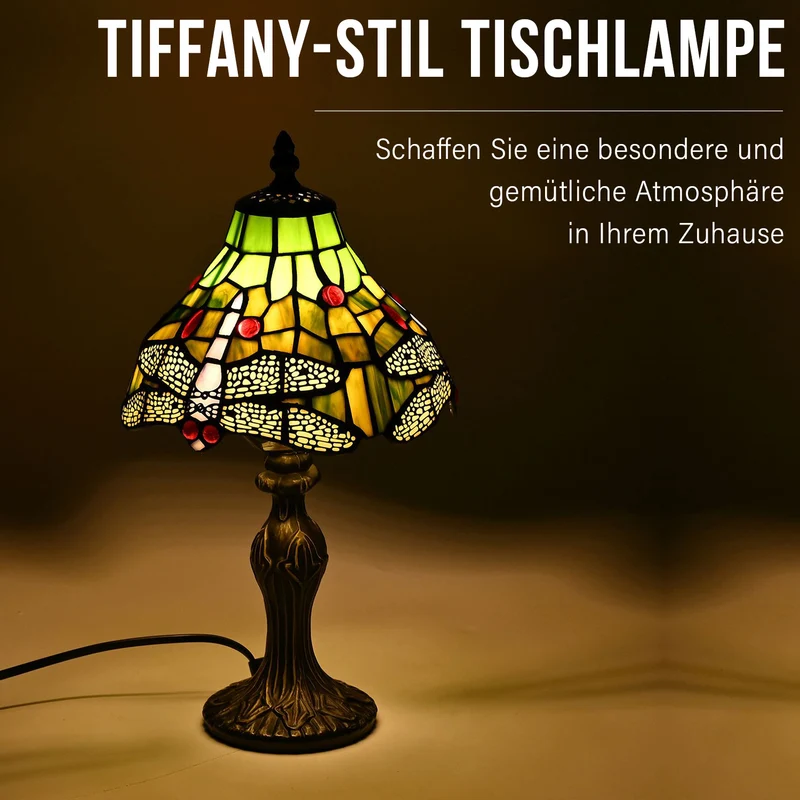 Handgefertigte Tiffany Tischlampe mit filigranem, mehrfarbigem Glockenform-Glas-Schirm - Klassisches Antik-Design mit stabilem Zinklegierungsfuß in Kaffeeoptik, 20x20x37 cm (Glühbirne nicht enthalten)