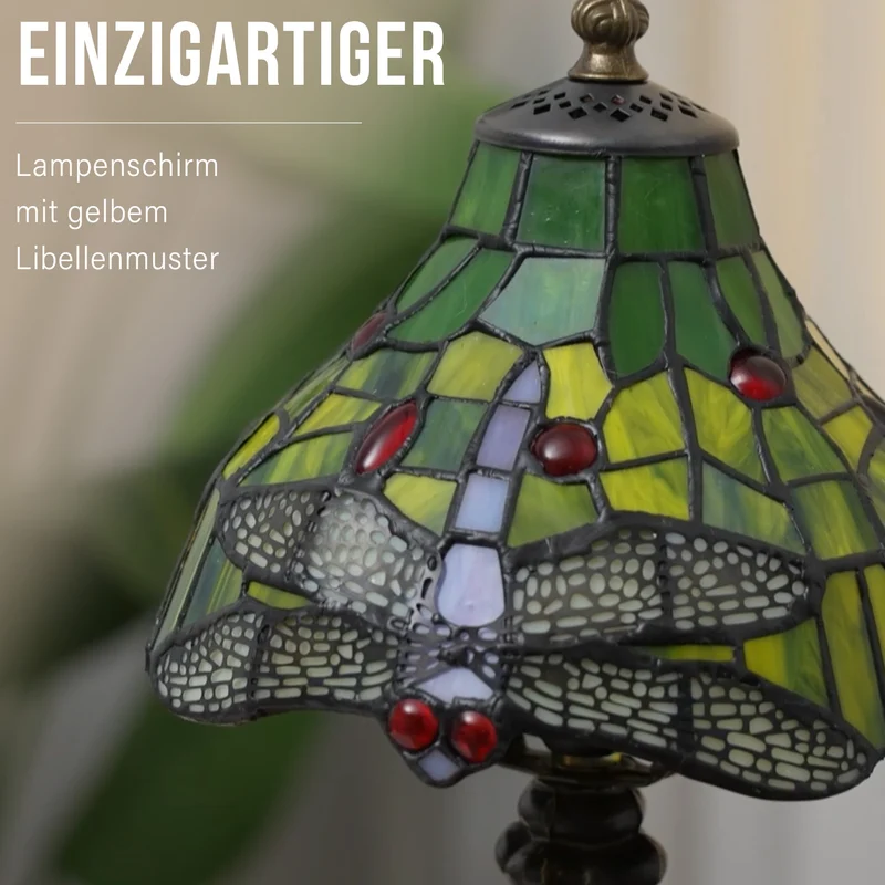 Handgefertigte Tiffany Tischlampe mit filigranem, mehrfarbigem Glockenform-Glas-Schirm - Klassisches Antik-Design mit stabilem Zinklegierungsfuß in Kaffeeoptik, 20x20x37 cm (Glühbirne nicht enthalten)