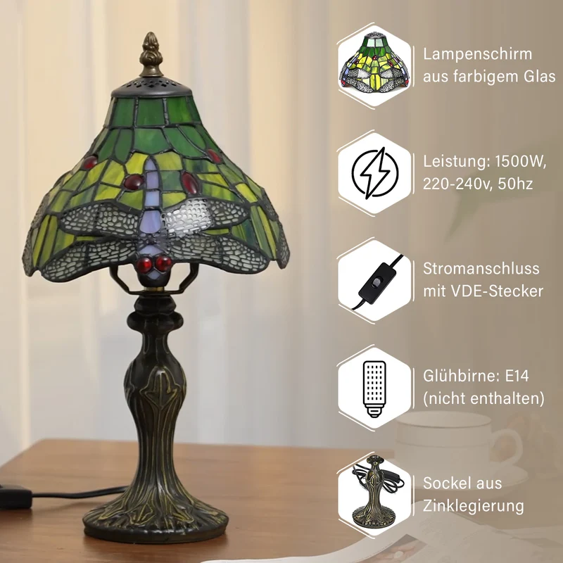 Handgefertigte Tiffany Tischlampe mit filigranem, mehrfarbigem Glockenform-Glas-Schirm - Klassisches Antik-Design mit stabilem Zinklegierungsfuß in Kaffeeoptik, 20x20x37 cm (Glühbirne nicht enthalten)