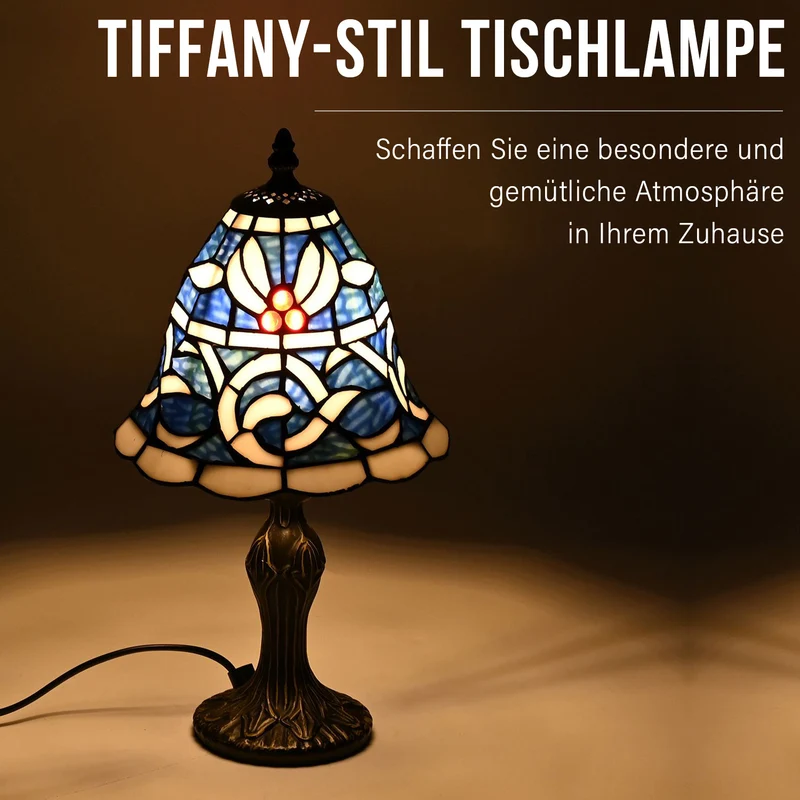 Handgefertigte Tiffany Tischlampe mit filigranem, mehrfarbigem Glockenform-Glas-Schirm - Klassisches Antik-Design mit stabilem Zinklegierungsfuß in Kaffeeoptik, 20x20x37 cm (Glühbirne nicht enthalten)