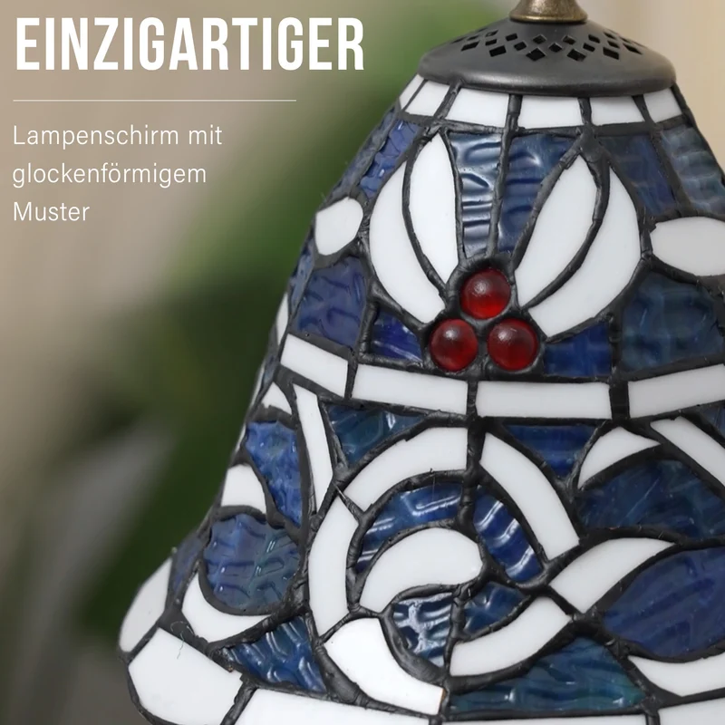 Handgefertigte Tiffany Tischlampe mit filigranem, mehrfarbigem Glockenform-Glas-Schirm - Klassisches Antik-Design mit stabilem Zinklegierungsfuß in Kaffeeoptik, 20x20x37 cm (Glühbirne nicht enthalten)