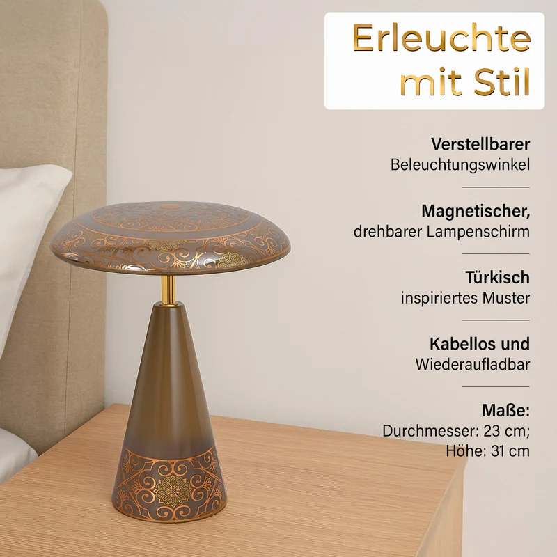 Kabellose Tischlampe mit Touch-Steuerung, Magnetdesign, Orientalisches Muster, 23x31 cm, taupe