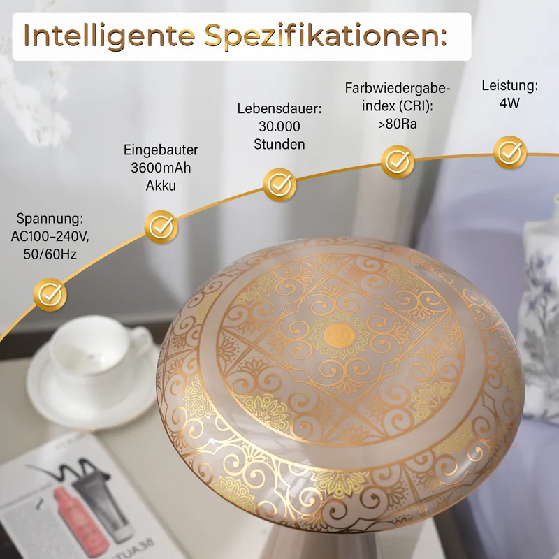 Kabellose Tischlampe mit Touch-Steuerung, Magnetdesign, Orientalisches Muster, 23x31 cm, taupe