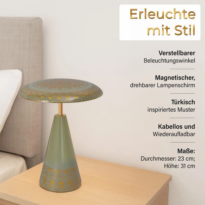 Kabellose Tischlampe mit Touch-Steuerung, Magnetdesign, Orientalisches Muster, 23x31 cm, taupe