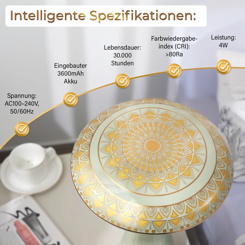 Kabellose Tischlampe mit Touch-Steuerung, Magnetdesign, Orientalisches Muster, 23x31 cm, taupe