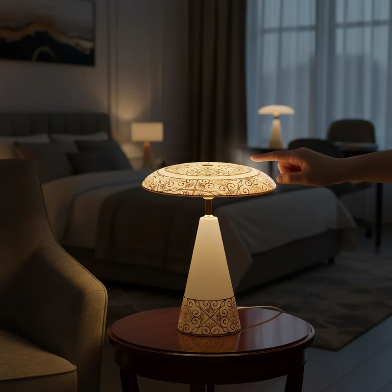 Kabellose Tischlampe mit Touch-Steuerung, Magnetdesign, Orientalisches Muster, 23x31 cm, taupe