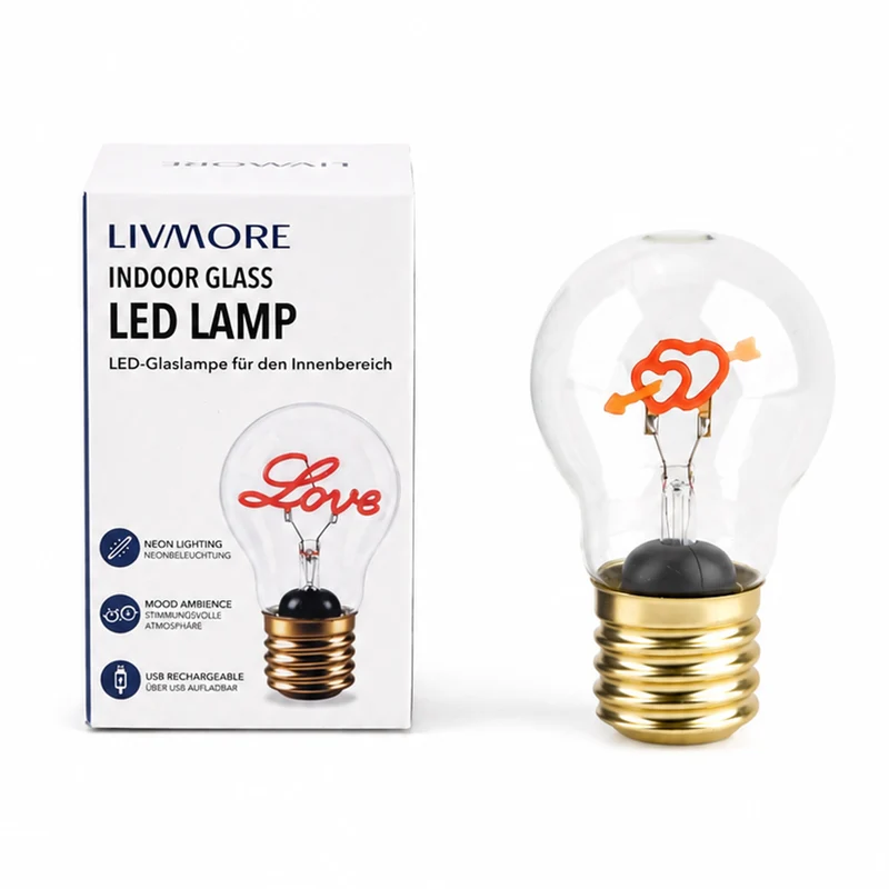 LIVMORE Dekorative Wiederaufladbare LED-Glaslampe mit Doppelherz-Motiv & USB-C (ca. 6,5 x 12 cm)