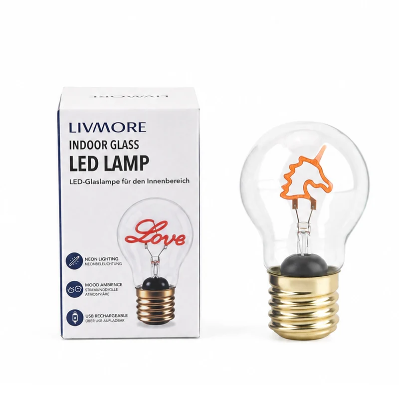 LIVMORE Dekorative Wiederaufladbare LED-Glaslampe mit Doppelherz-Motiv & USB-C (ca. 6,5 x 12 cm)