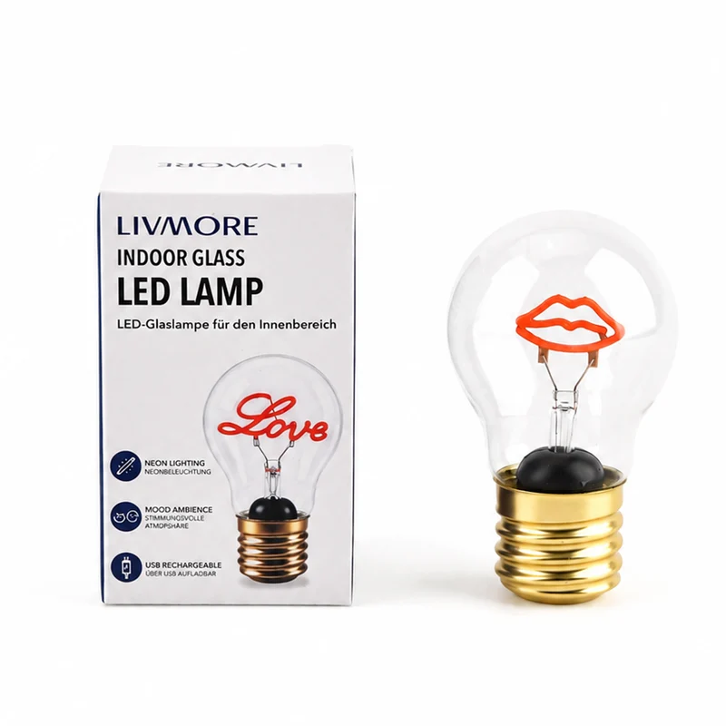 LIVMORE Dekorative Wiederaufladbare LED-Glaslampe mit Doppelherz-Motiv & USB-C (ca. 6,5 x 12 cm)