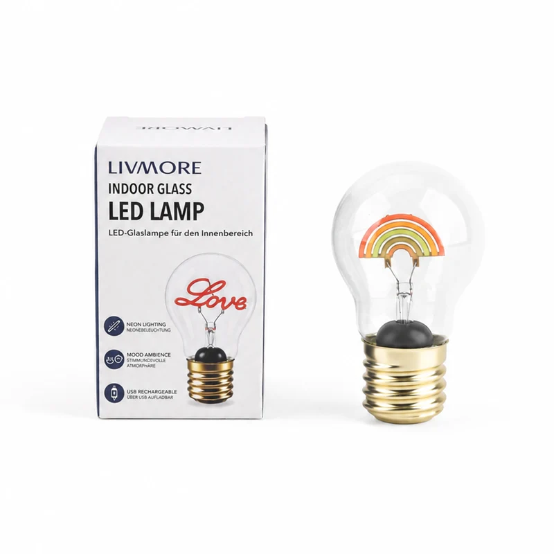 LIVMORE Dekorative Wiederaufladbare LED-Glaslampe mit Love-Motiv & USB-C (ca. 6,5 x 12 cm)