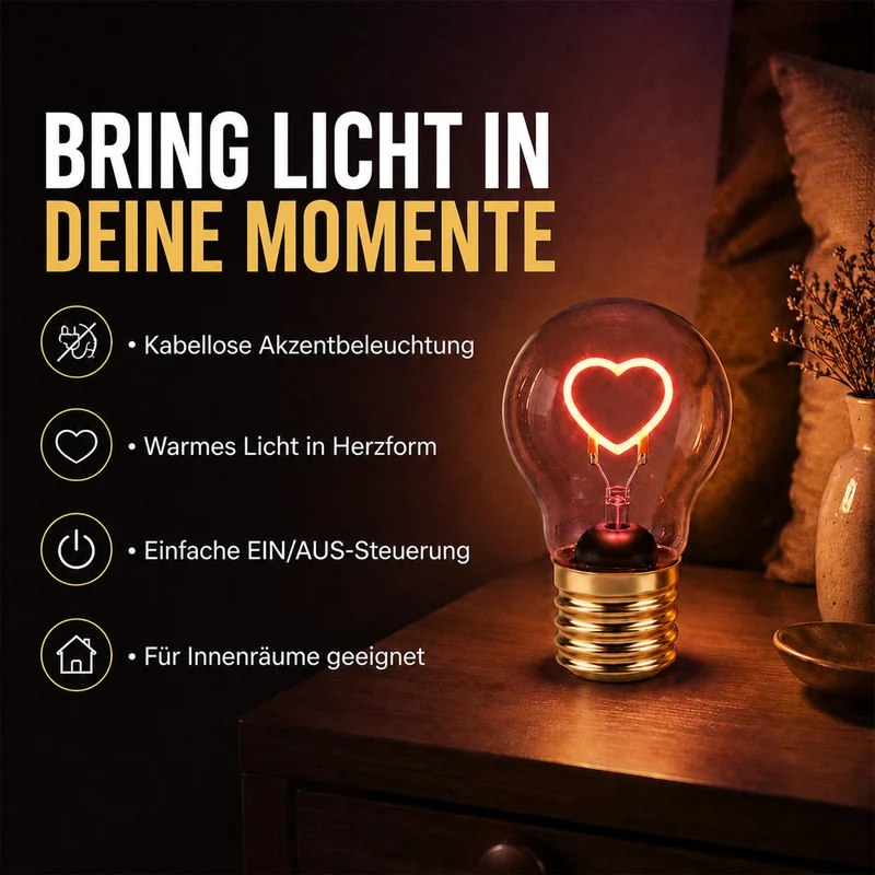 LIVMORE Dekorative Wiederaufladbare LED-Glaslampe mit Love-Motiv & USB-C (ca. 6,5 x 12 cm)