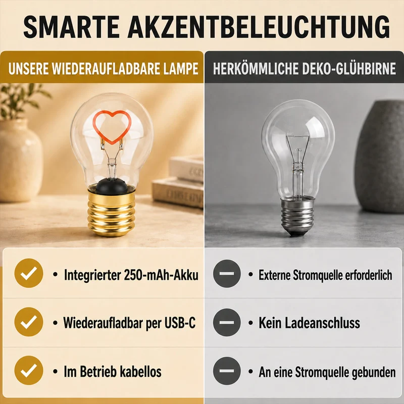 LIVMORE Dekorative Wiederaufladbare LED-Glaslampe mit Love-Motiv & USB-C (ca. 6,5 x 12 cm)